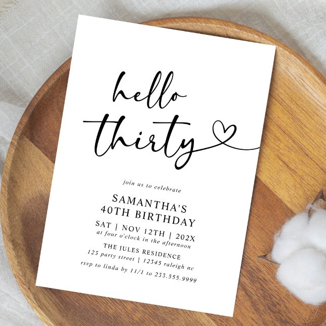 Invitation Modern Black and White Hello 30th Birthday Party (Créateur téléchargé)
