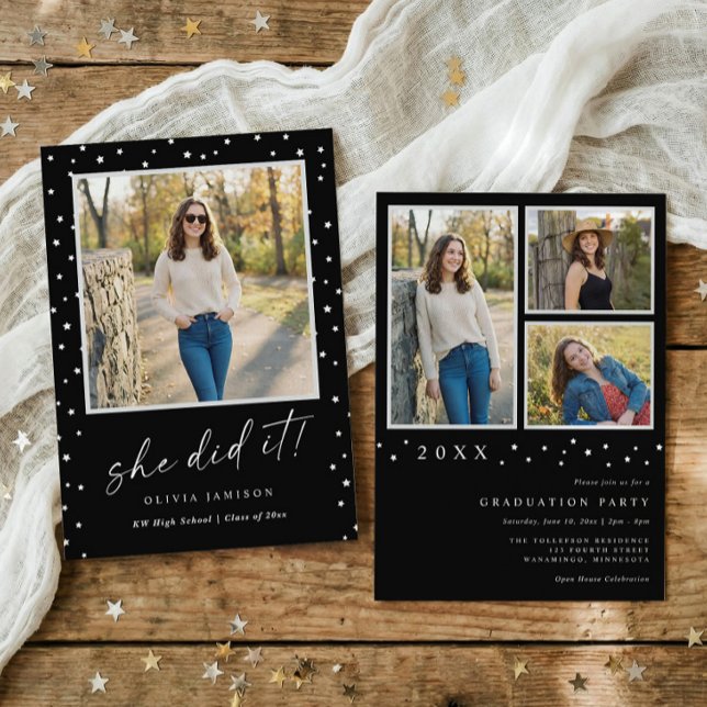 Invitation Modern Black and White Photo Graduation (Modern graduation invitation with photos, handwriting script and minimalist stars)