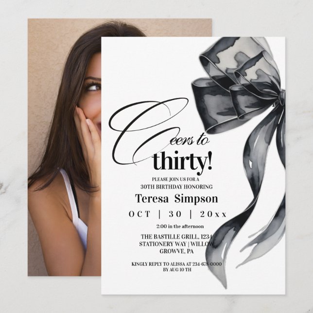 Invitation Modern Black Bow 30th Birthday Photo  (Devant / Derrière)