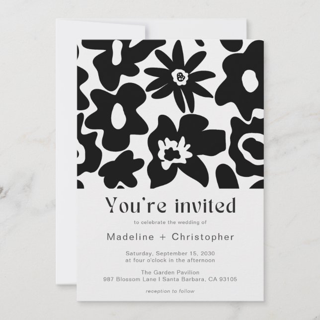 Invitation Modern Black Floral QR Code Wedding (Devant)