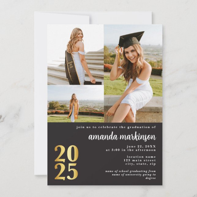 Invitation Modern Black Gold 4 Photo Graduation Announcement (Dos)