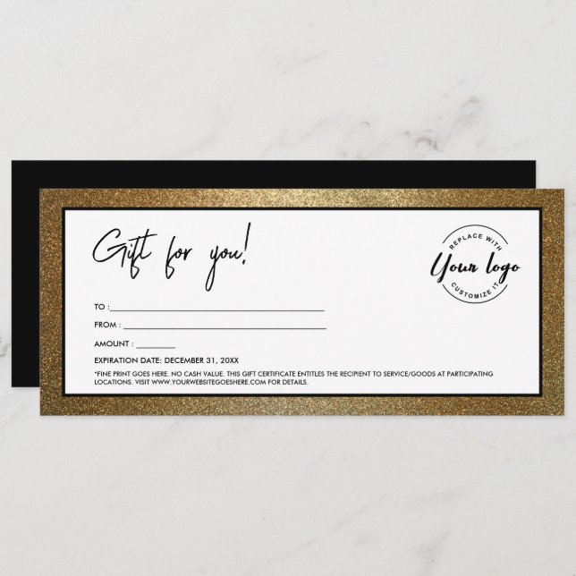 Invitation Modern Black Gold Ajouter Logo Certificat cadeau (Devant / Derrière)