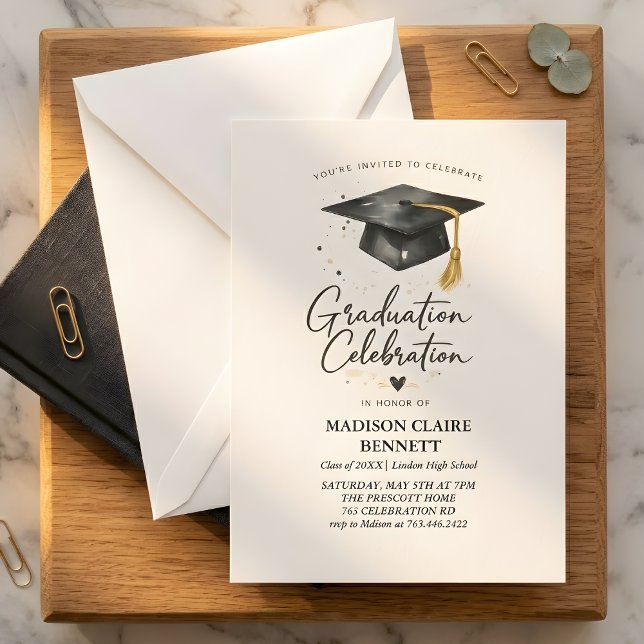 Invitation Modern Black & Gold Calligraphy Graduation Party  (Créateur téléchargé)