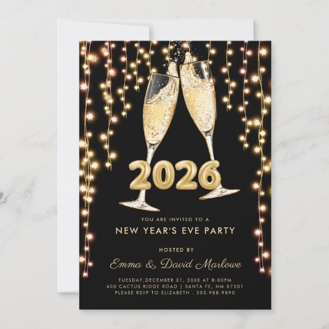 Invitation Modern Black Gold Champagne 2026 New Years Eve (Devant)