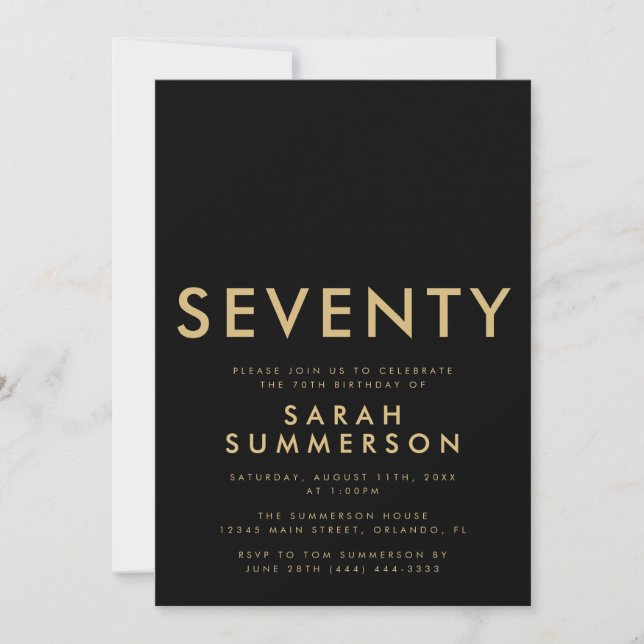 Invitation Modern Black Gold Seventy 70th Birthday Party (Devant)
