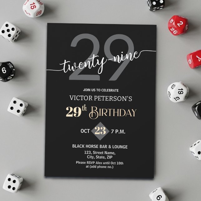 Invitation Modern Black Minimalist Men 29th Birthday Party (Créateur téléchargé)