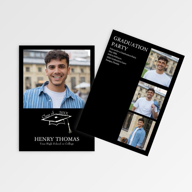 Invitation Modern Black Photo Graduation Party Announcement (Modern black graduation photo card with cap graphic and clean minimalist layout)