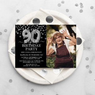 Invitation Modern Black & Silver 90th Surprise Birthday Photo