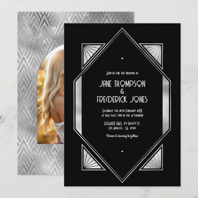 Invitation Modern Black & Silver Gatsby Art Deco Wedding (Devant / Derrière)
