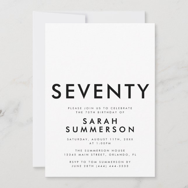 Invitation Modern Black White Seventy 70th Birthday Party (Devant)