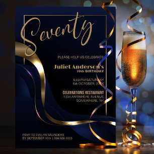 Invitation Modern Blue Gold 70e fête d'anniversaire