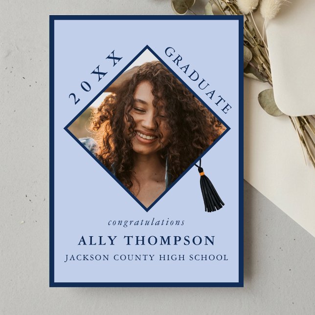 Invitation Modern Blue Graduation Cap Photo Announcement (Modern Blue Graduation Cap Photo Announcement)