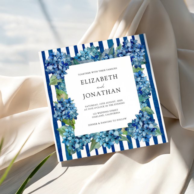 Invitation Modern Blue Hydrangeas Watercolor Stripe Wedding (Créateur téléchargé)