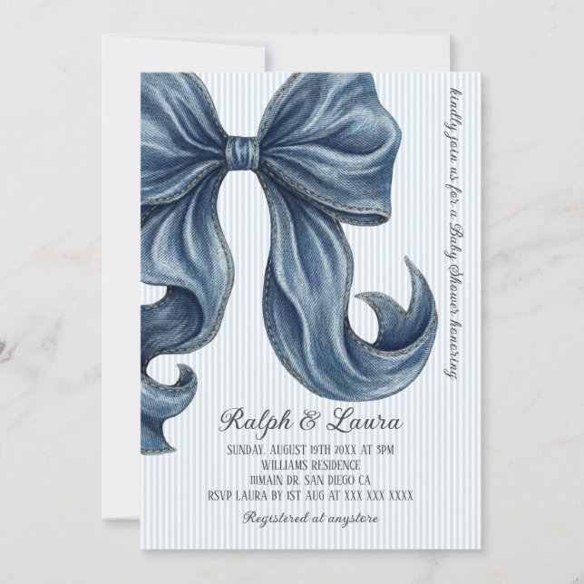 Invitation Modern Blue Jeans Bow Baby Shower (Devant)