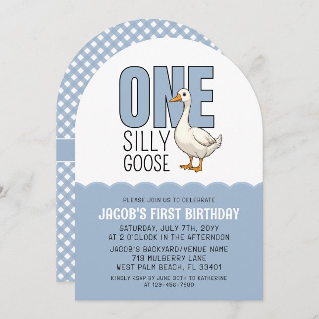 Invitation Modern Blue One Silly Goose 1st Birthday Party (Devant / Derrière)