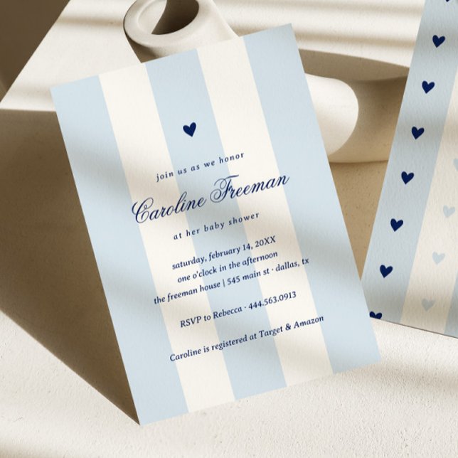 Invitation Modern Blue Stripe Heart Valentine Baby Shower (Créateur téléchargé)