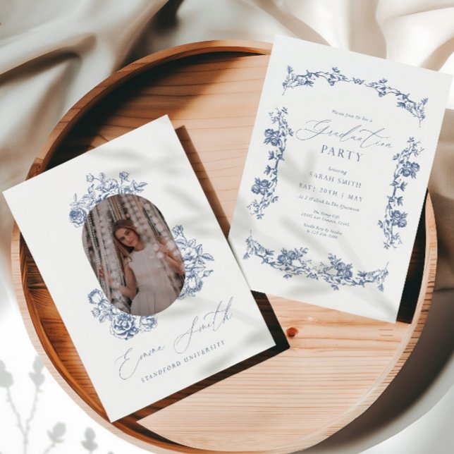 Invitation Modern Blue Toile Graduation Photo Announcement (Créateur téléchargé)