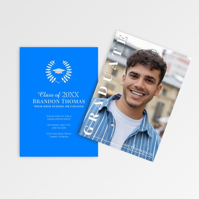 Invitation Modern Blue Vertical Name Graduation Photo Card (Bold blue graduation announcement featuring vertical “Graduate” text and customizable party info.)