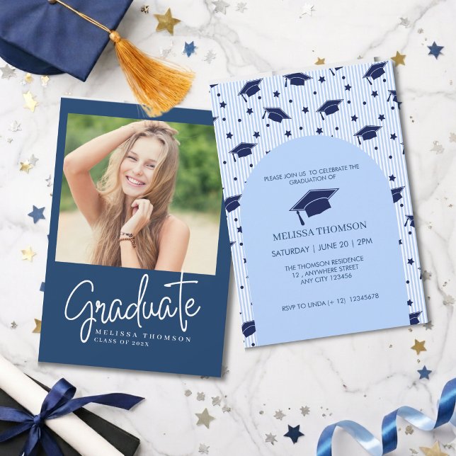 Invitation Modern Blue White Script Photo Graduation Party   (Créateur téléchargé)