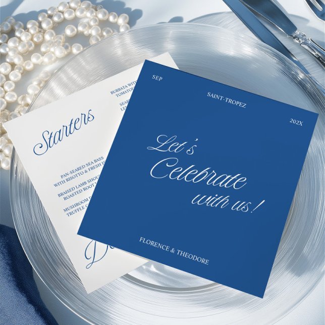 Invitation Modern Blue & White Script Wedding Menu Card (Modern Blue & White Script Wedding Menu Card)