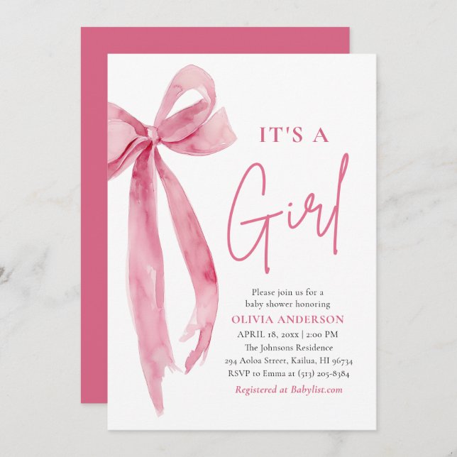 Invitation Modern Blush Pink Bow It's a Girl Baby Shower (Devant / Derrière)