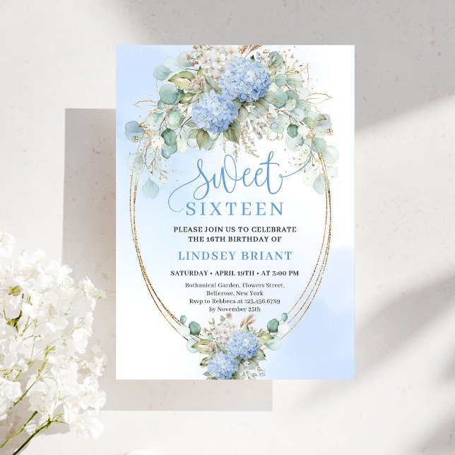 Invitation Modern Bohemian Blue Floral Gold Sweet 16 Birthday (Modern Bohemian Blue Floral Sweet 16 Birthday Invite)