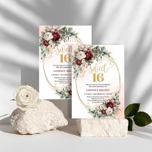 Invitation Modern Bohemian Deep Red Floral Sweet 16 Birthday  (Modern Bohemian Deep Red Floral Sweet 16 Birthday Invite)