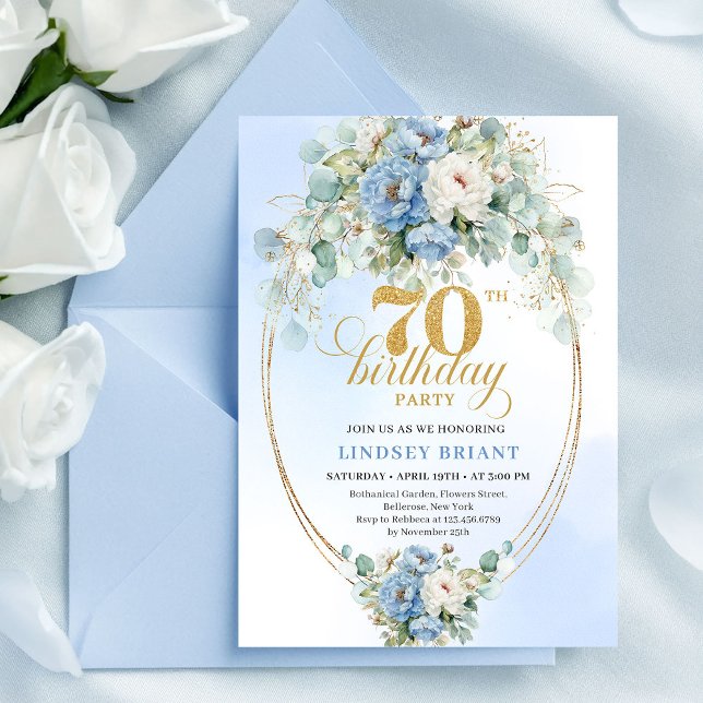 Invitation Modern Bohemian Dusty Blue Peonies 70th Birthday (Modern Bohemian Dusty Blue Peonies 70th Birthday)
