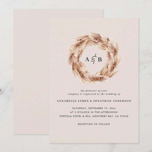 Invitation Modern bohemian natural pampas grass wedding invit (Devant / Derrière)