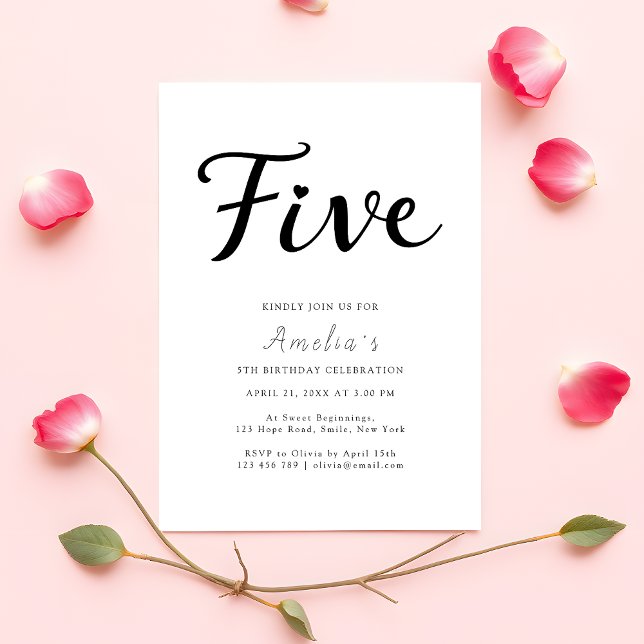 Invitation Modern Boho Black Script Simple 5th Birthday (Créateur téléchargé)