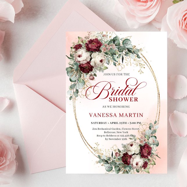 Invitation Modern Boho Burgundy Gold Eucalyptus Bridal Shower (Modern Burgundy Gold Eucalyptus Bridal Shower Invite)