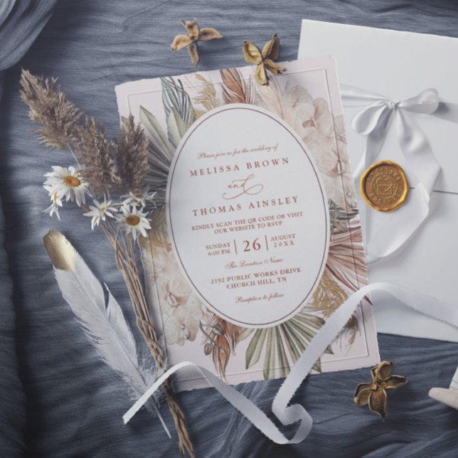 Invitation modern boho greenery pampas grass qr code wedding (Créateur téléchargé)