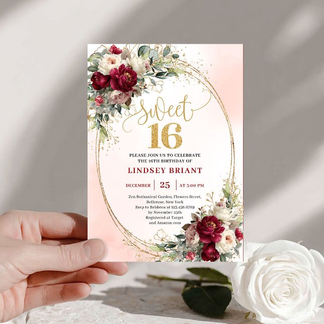 Invitation Modern Boho Marsala Gold Floral Sweet Sixteen (Modern Boho Marsala Gold Floral Sweet Sixteen Invite)