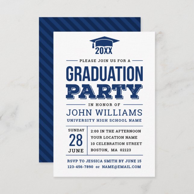 Invitation Modern Bold Navy Blue and White Graduation Party (Devant / Derrière)