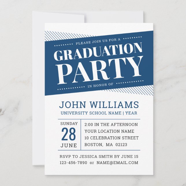 Invitation Modern Bold Navy Blue White Graduation Party (Devant)