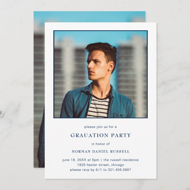 Invitation Modern Bold Navy Blue White Photo Party (Devant / Derrière)
