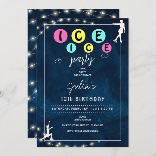 Invitation Modern Bold Patinage sur glace Ado Fille fête d'an (Devant / Derrière)