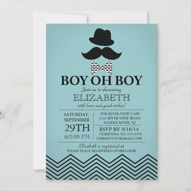 Invitation Modern Boy Oh Boy Little Man Mustache Baby shower (Devant)