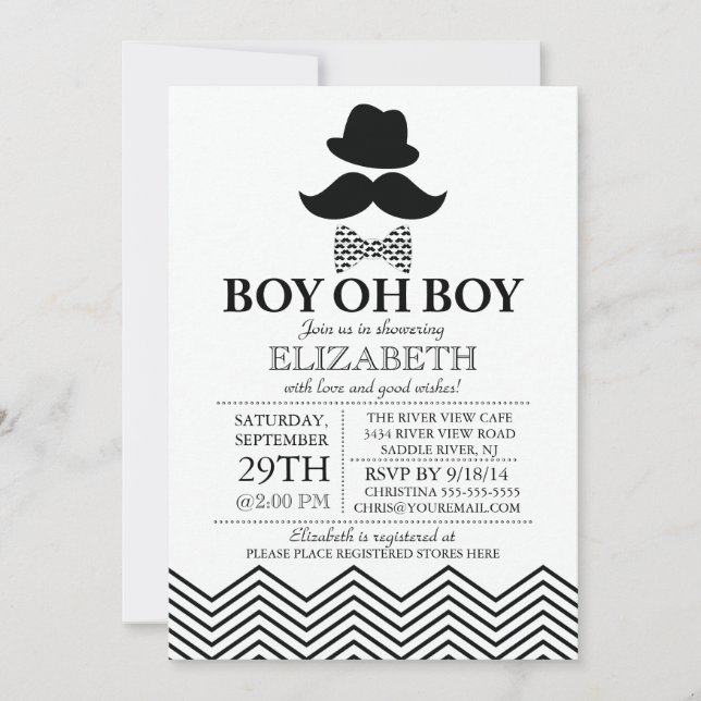 Invitation Modern Boy Oh Boy Little Man Mustache Baby shower (Devant)