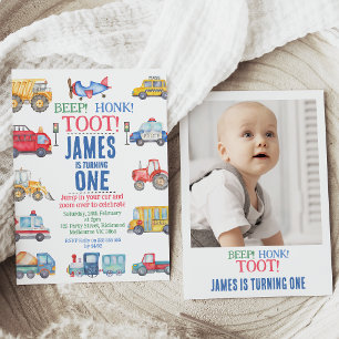 Invitation Modern Boys Photo Transport 1er anniversaire