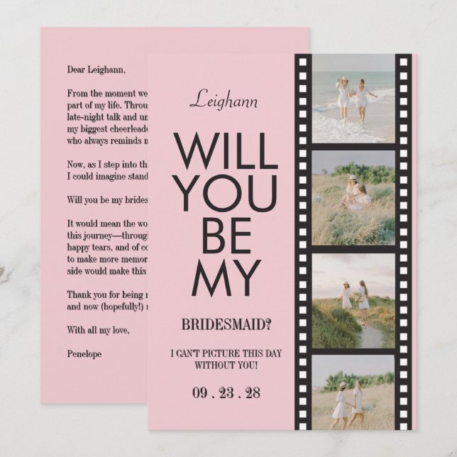 Invitation Modern Bridesmaid Photo Proposal Pink Reel (Devant / Derrière)