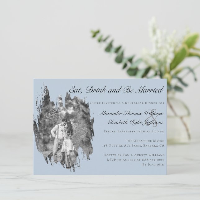 Invitation Modern Brushstroke Photo Blue Rehearsal Dinner  (Debout devant)