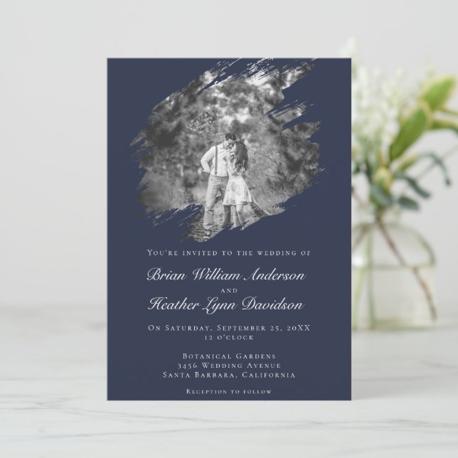 Invitation Modern Brushstroke Photo Wedding | Navy Blue (Debout devant)