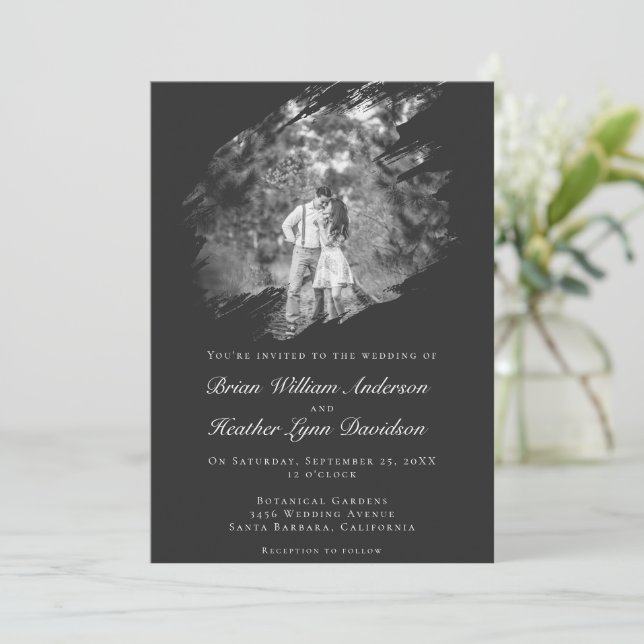 Invitation Modern Brushstroke Photo Wedding | Soft Black (Debout devant)