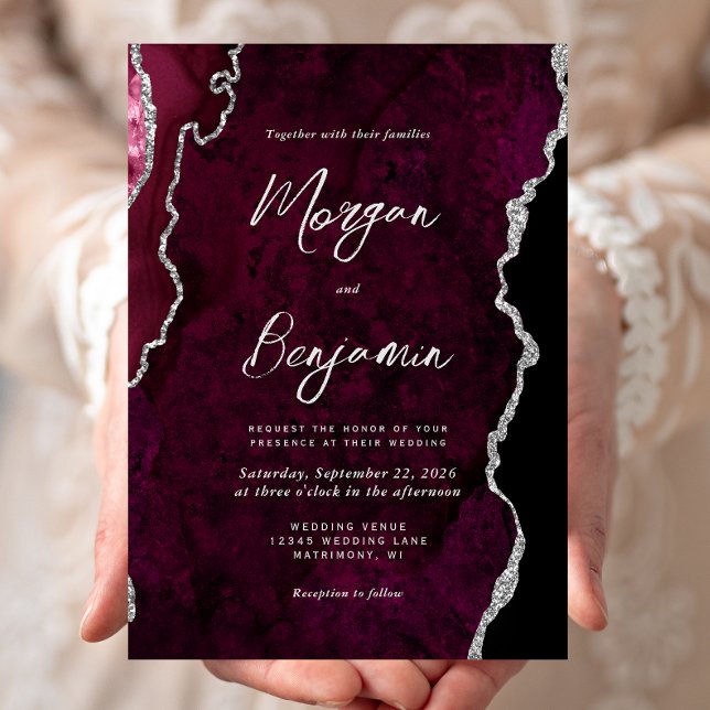 Invitation Modern Burgundy Agate Silver Script Wedding (Créateur téléchargé)