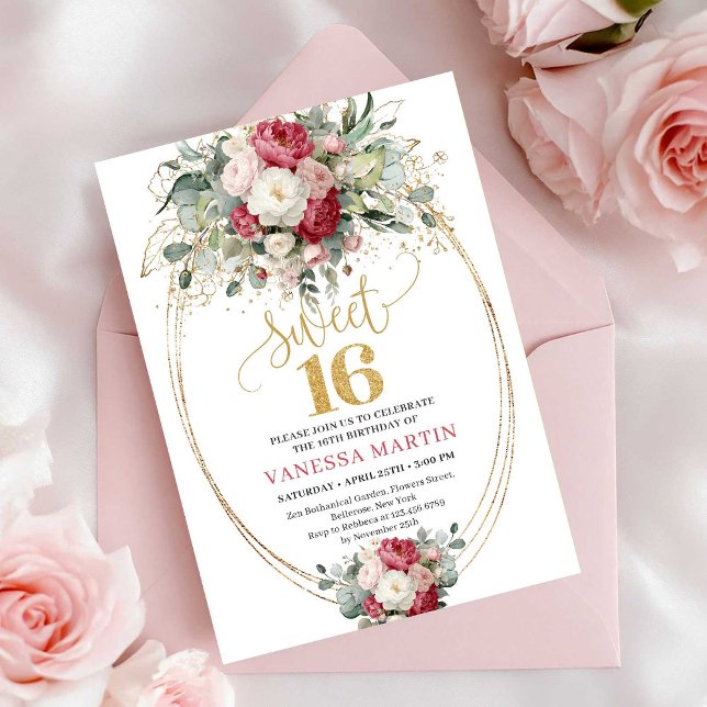 Invitation Modern Burgundy Blush Floral Sweet 16 Birthday  (Modern Burgundy Blush Floral Sweet 16 Birthday Invitation)