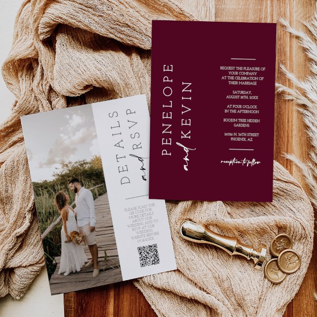 Invitation Modern Burgundy Boho Wedding Photo QR Code RSVP  (Créateur téléchargé)