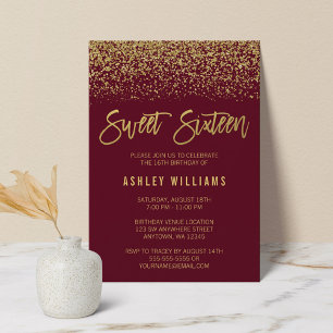 Invitation Modern Burgundy Faux Gold Glitter Sweet 16