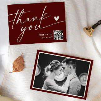 Invitation Modern Burgundy QR Code Wedding Thank You Card