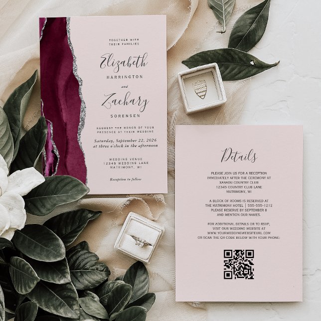 Invitation Modern Burgundy Silver Agate Blush QR Code Wedding (Créateur téléchargé)